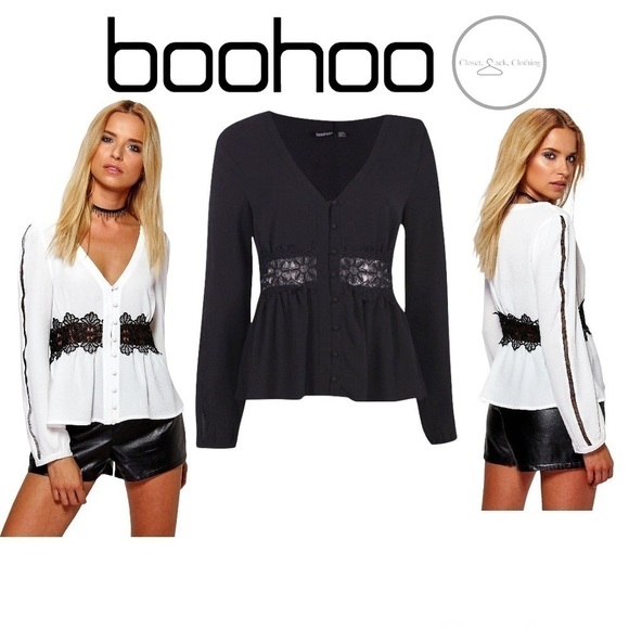 boohoo Crochet + Ladder Trim Button Through Blouse Black Size 10 - Picture 1 of 11
